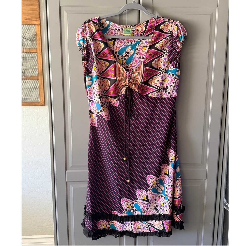 Urban Nomad Women Y2K Boho Paisley Lace-Up Corset Ruffle Hem Dress, Multi, L/XL